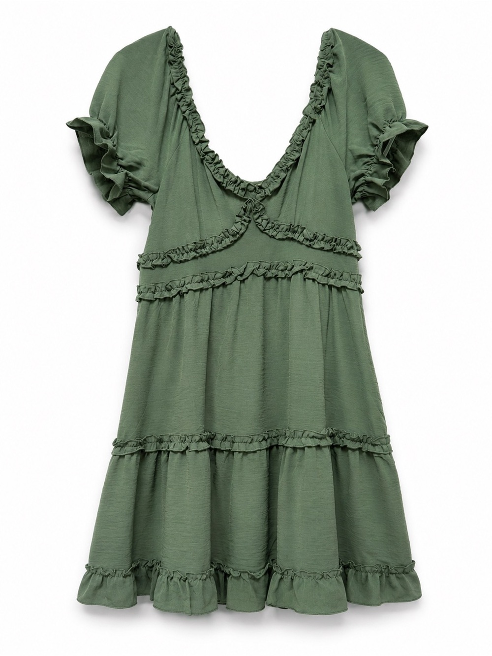Ruffled V-Neck Tiered Dress in Olive Green - Size L